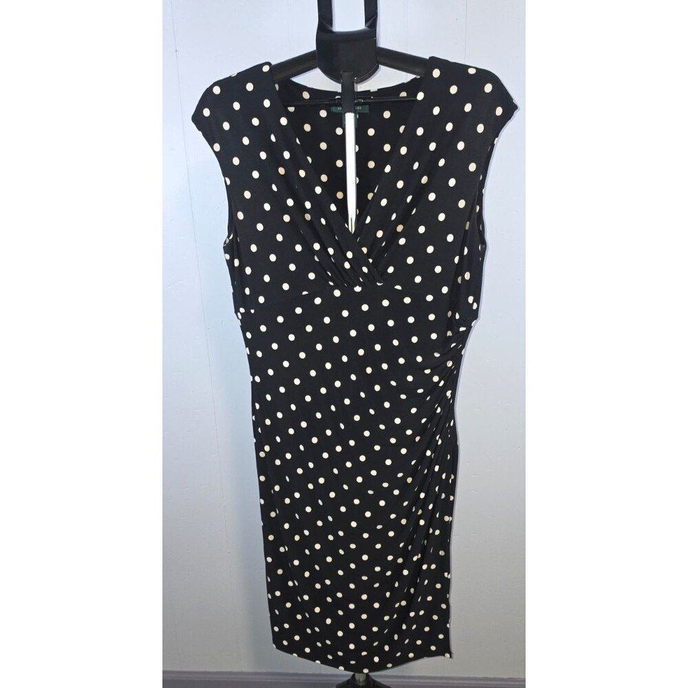 Lauren Ralph Laure Black White Polka Dot Dress Size 14 Slinky V-neck